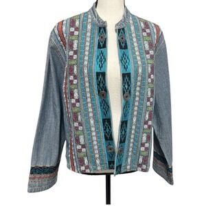 Chico's Tribal Print Denim Open Jacket Blue Multicolor Sz L Embroidered